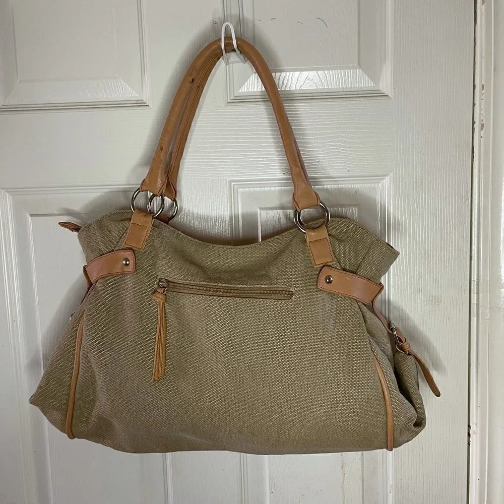 Cato canvas khaki & tan faux leather satchel  with silver tone hardwares .